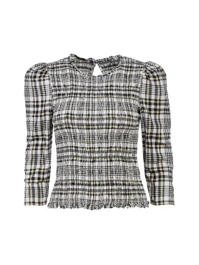 Plaid Smocked Puff Sleeve Top in Winter White