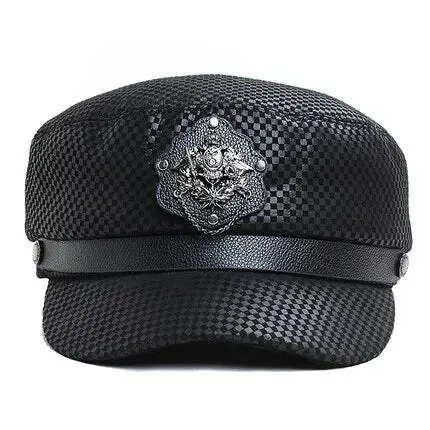 Punk Black Genuine Leather Sailor Cap
