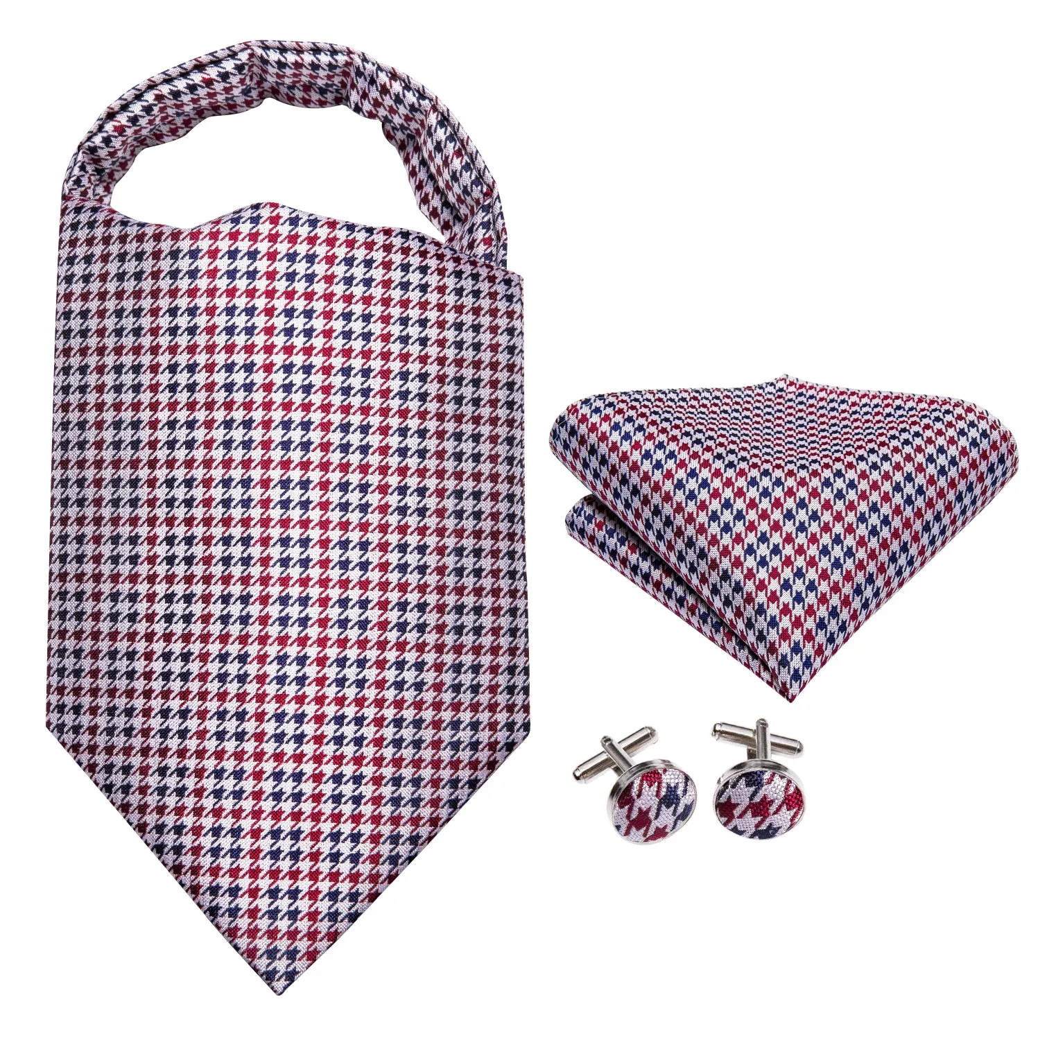 Red Blue Houndstooth Plaid Silk Ascot Cravat Pocket Square Cufflinks Set