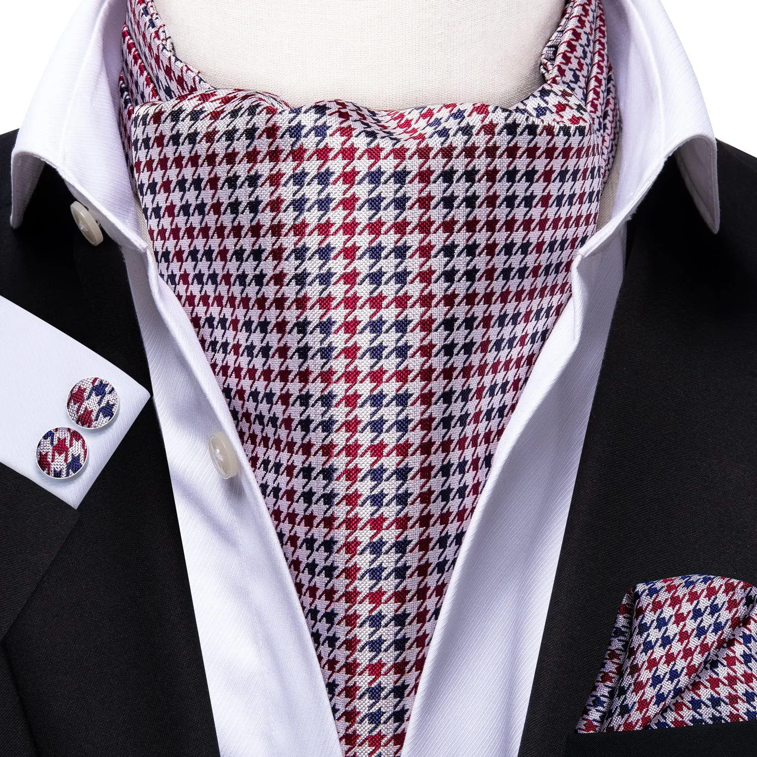 Red Blue Houndstooth Plaid Silk Ascot Cravat Pocket Square Cufflinks Set