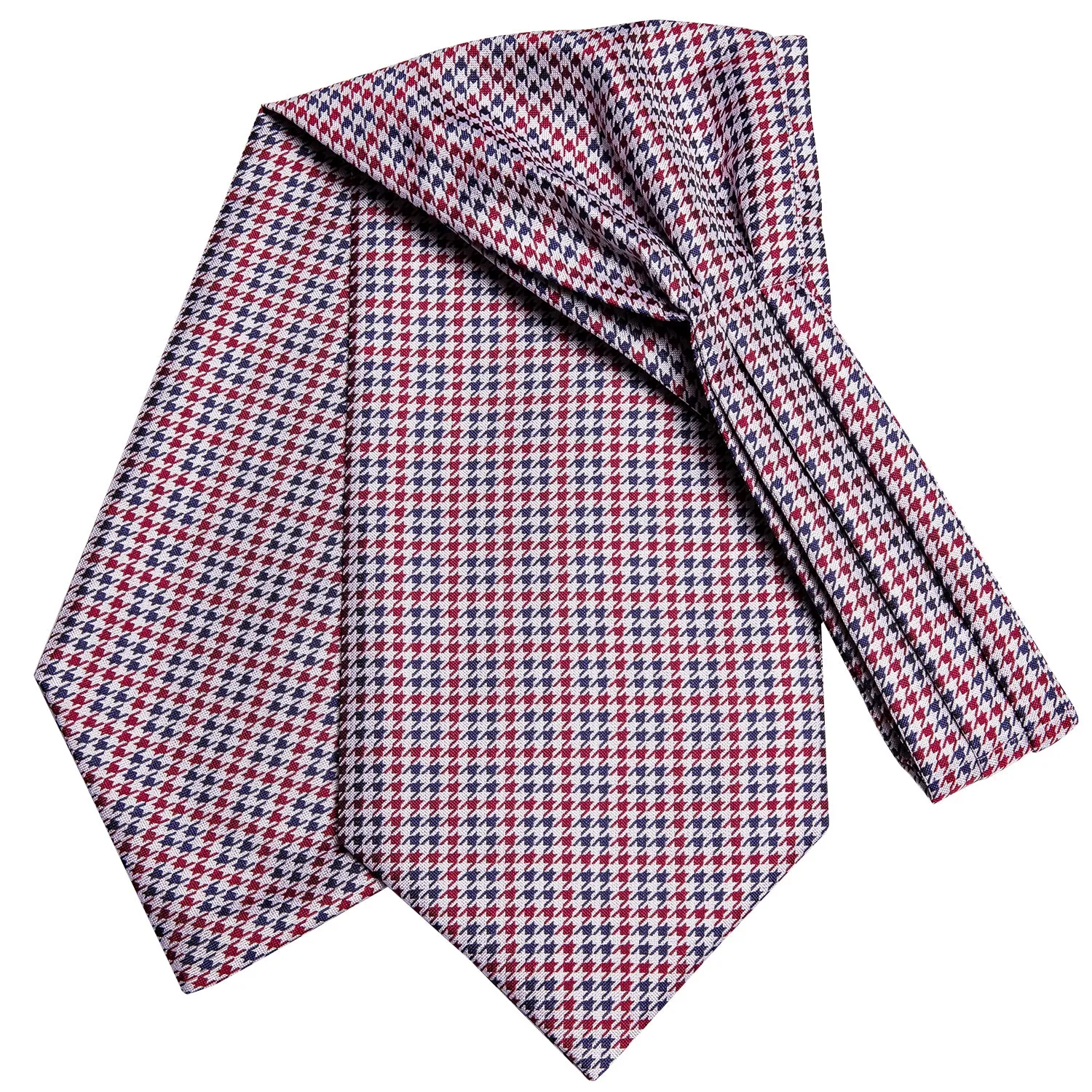 Red Blue Houndstooth Plaid Silk Ascot Cravat Pocket Square Cufflinks Set