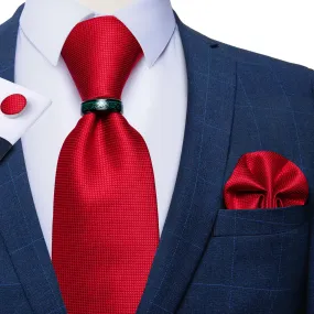 Red Plaid Tie Ring Pocket Square Cufflinks Set