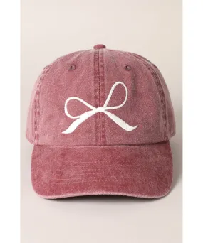 Ribbon Bow Embroidered Ball Cap -  Burgundy