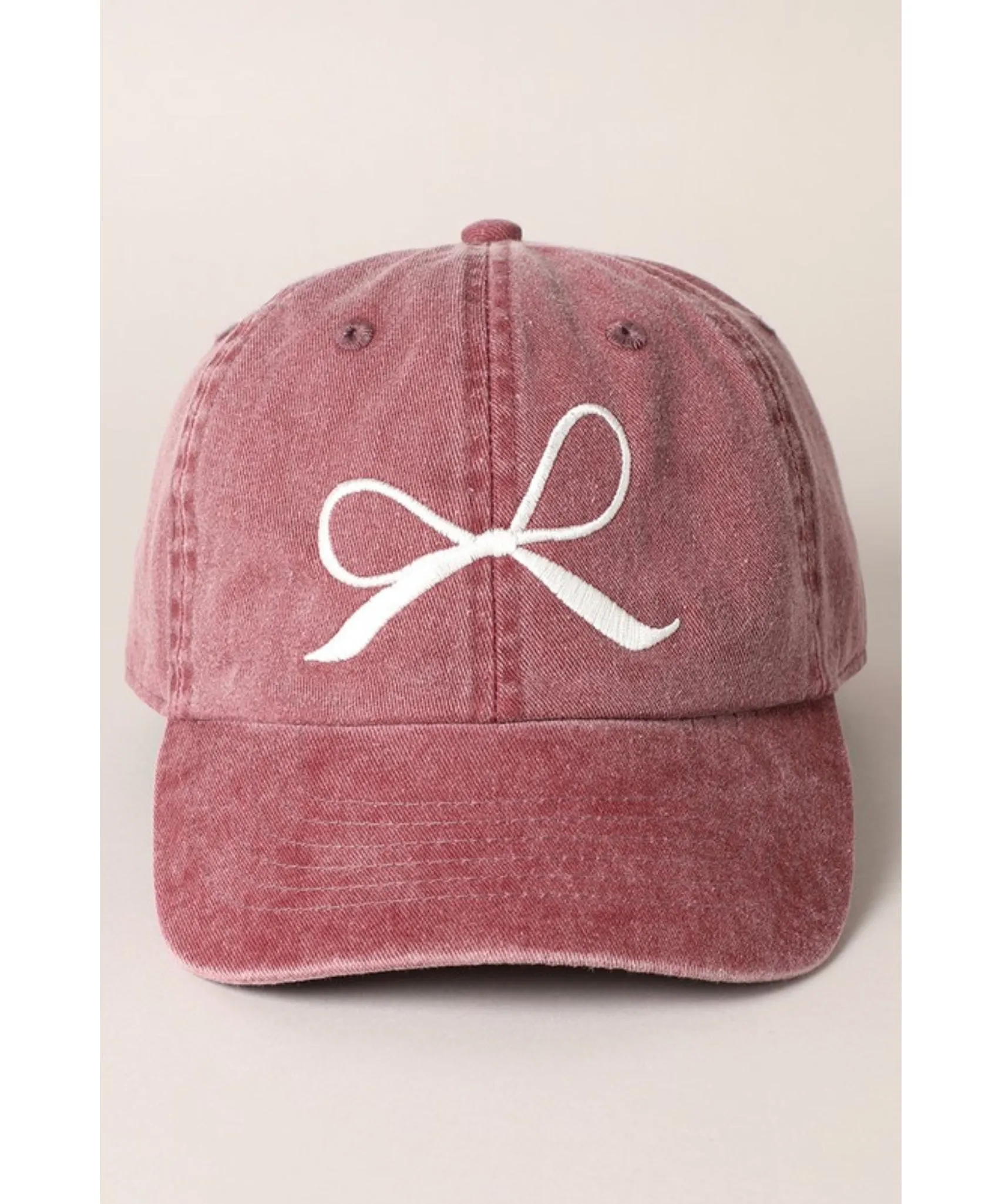 Ribbon Bow Embroidered Ball Cap -  Burgundy