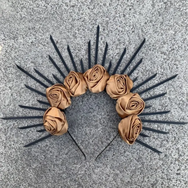Rose Goddess Crown Spiked Halo Headband Met Gala Sunburst Headpiece