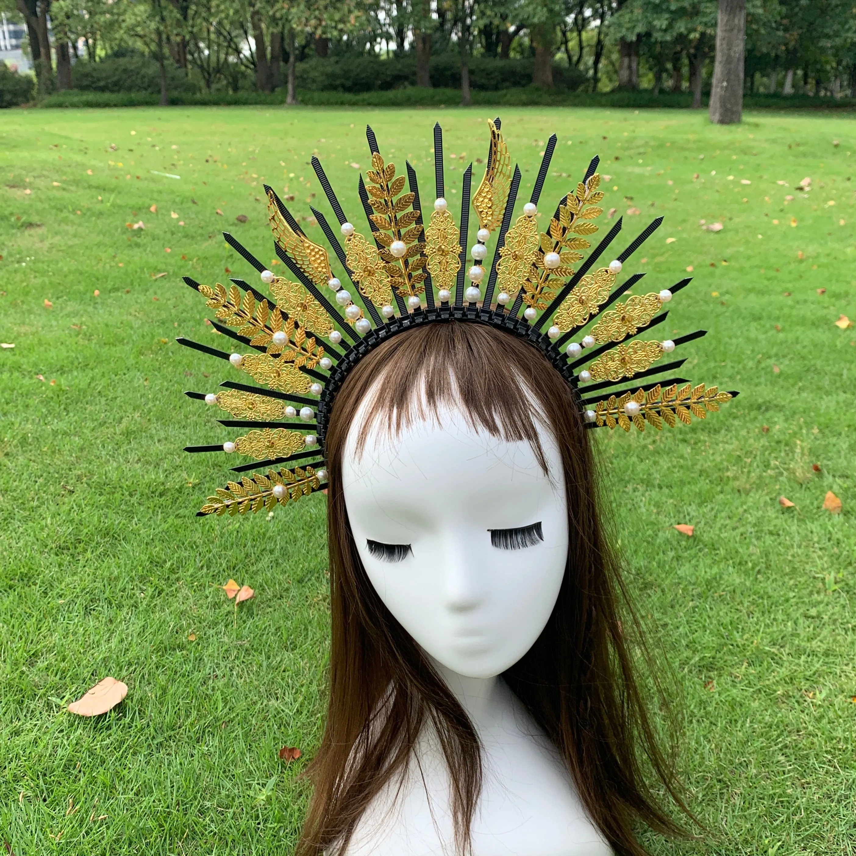 Rose Goddess Crown Spiked Halo Headband Met Gala Sunburst Headpiece