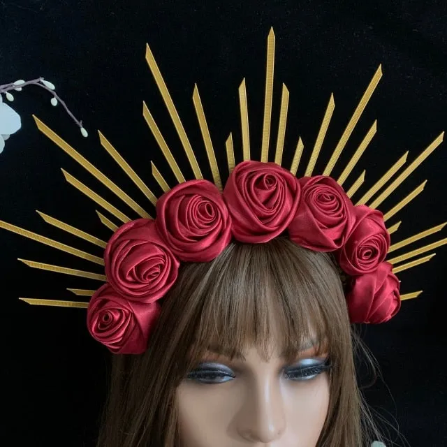 Rose Goddess Crown Spiked Halo Headband Met Gala Sunburst Headpiece