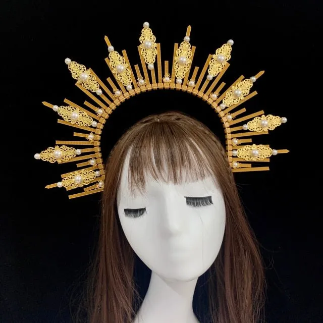 Rose Goddess Crown Spiked Halo Headband Met Gala Sunburst Headpiece