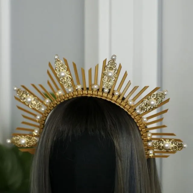 Rose Goddess Crown Spiked Halo Headband Met Gala Sunburst Headpiece