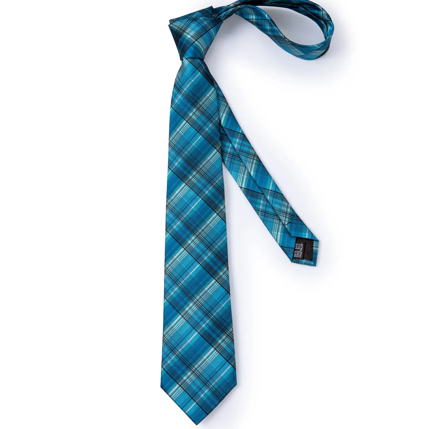 Sky-blue Plaid Handmade Silk Jacquard Woven Men's Tie Hanky Cufflinks Set 8cm