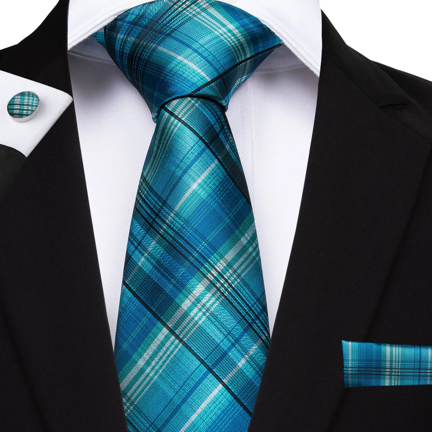 Sky-blue Plaid Handmade Silk Jacquard Woven Men's Tie Hanky Cufflinks Set 8cm