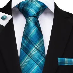 Sky-blue Plaid Handmade Silk Jacquard Woven Men's Tie Hanky Cufflinks Set 8cm