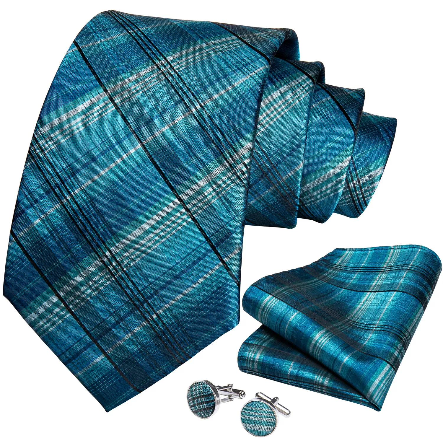Sky-blue Plaid Handmade Silk Jacquard Woven Men's Tie Hanky Cufflinks Set 8cm