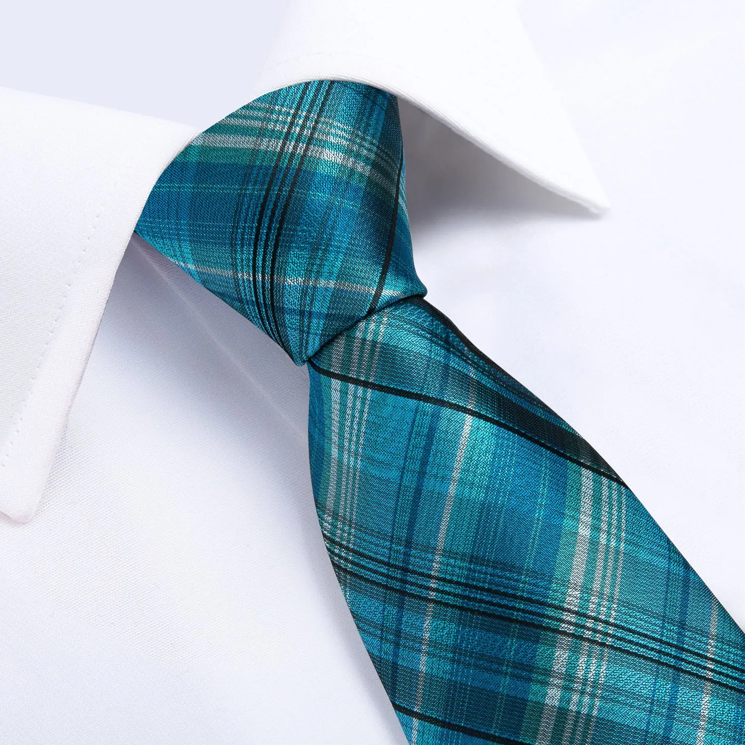 Sky-blue Plaid Handmade Silk Jacquard Woven Men's Tie Hanky Cufflinks Set 8cm