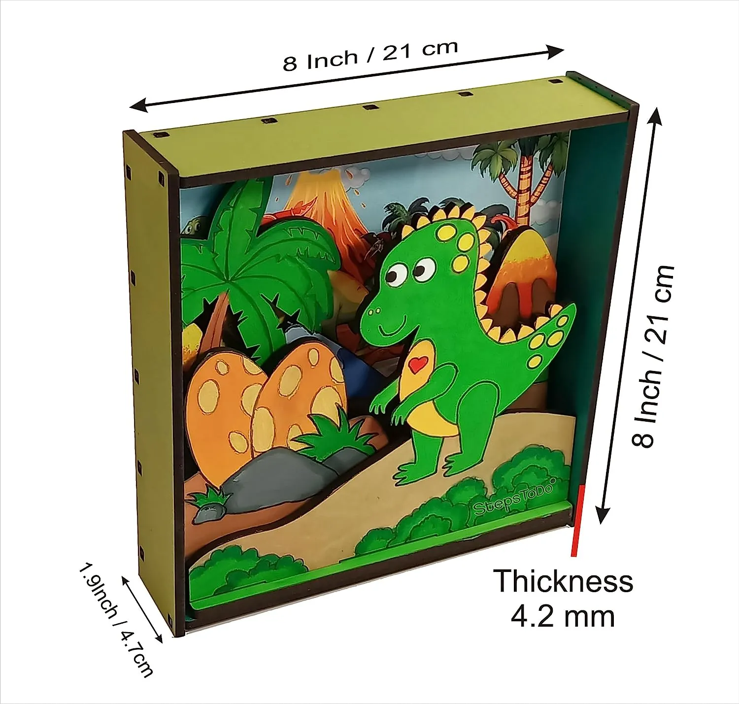 StepsToDo _ Make Your Own 3D Frame | Dinosaur Scene | Painted Handicraft Making Kit | Wooden Art and Craft | 8 Inch Square Frame (T405_DINO)
