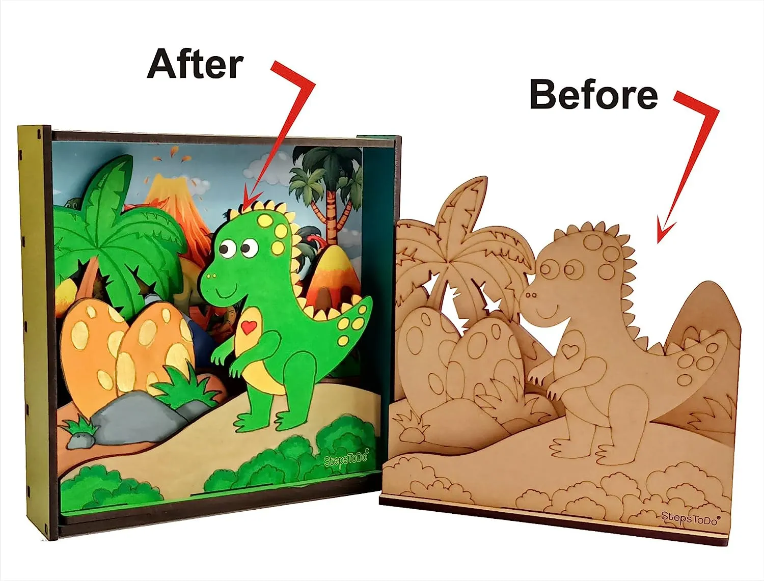 StepsToDo _ Make Your Own 3D Frame | Dinosaur Scene | Painted Handicraft Making Kit | Wooden Art and Craft | 8 Inch Square Frame (T405_DINO)