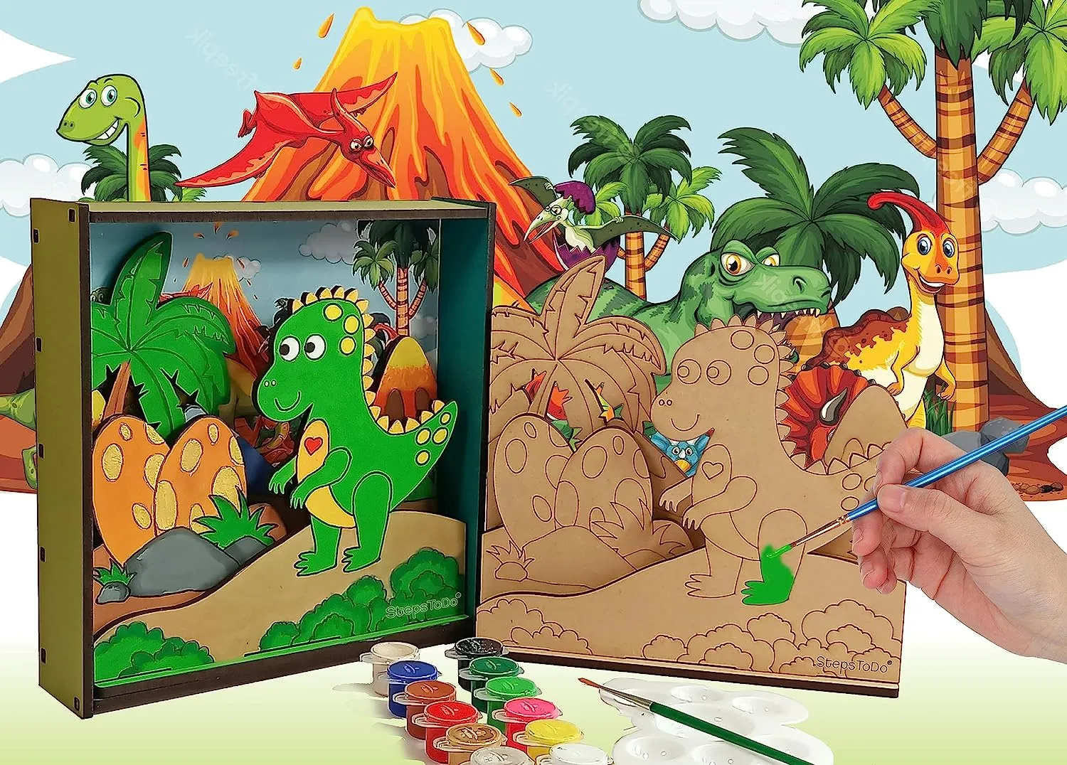 StepsToDo _ Make Your Own 3D Frame | Dinosaur Scene | Painted Handicraft Making Kit | Wooden Art and Craft | 8 Inch Square Frame (T405_DINO)