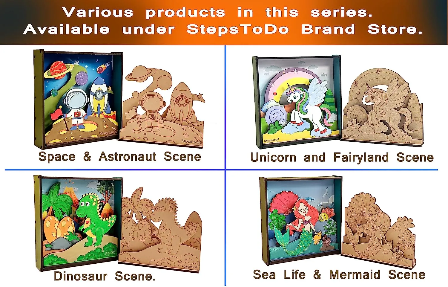 StepsToDo _ Make Your Own 3D Frame | Space & Astronaut Scene | Painted Handicraft Making Kit | Wooden Art and Craft | 8 Inch Square Frame (T405_SPACE)
