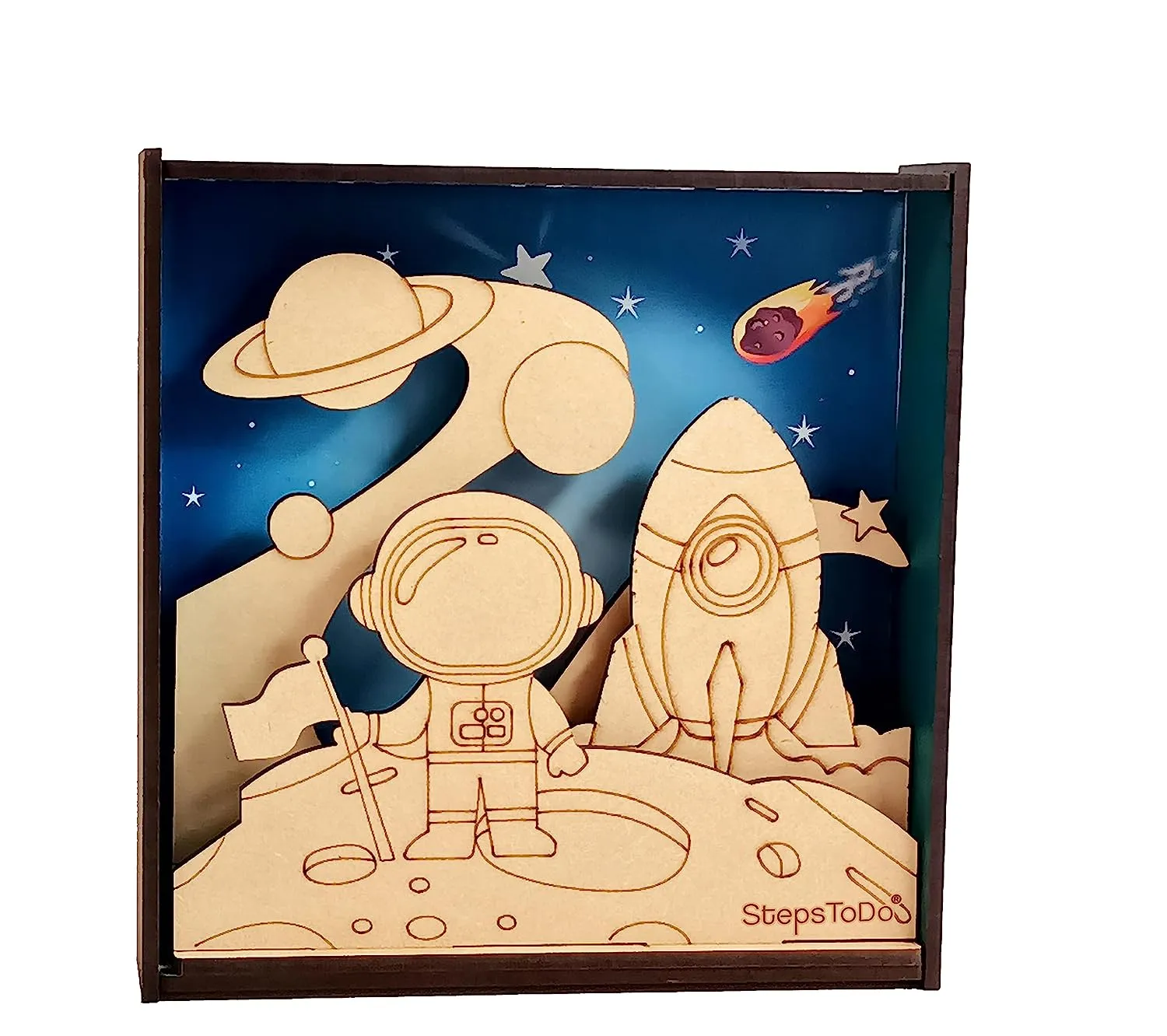 StepsToDo _ Make Your Own 3D Frame | Space & Astronaut Scene | Painted Handicraft Making Kit | Wooden Art and Craft | 8 Inch Square Frame (T405_SPACE)