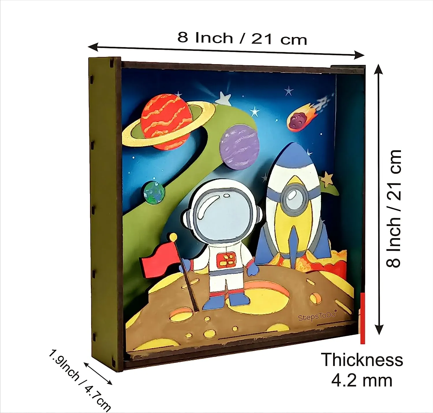 StepsToDo _ Make Your Own 3D Frame | Space & Astronaut Scene | Painted Handicraft Making Kit | Wooden Art and Craft | 8 Inch Square Frame (T405_SPACE)