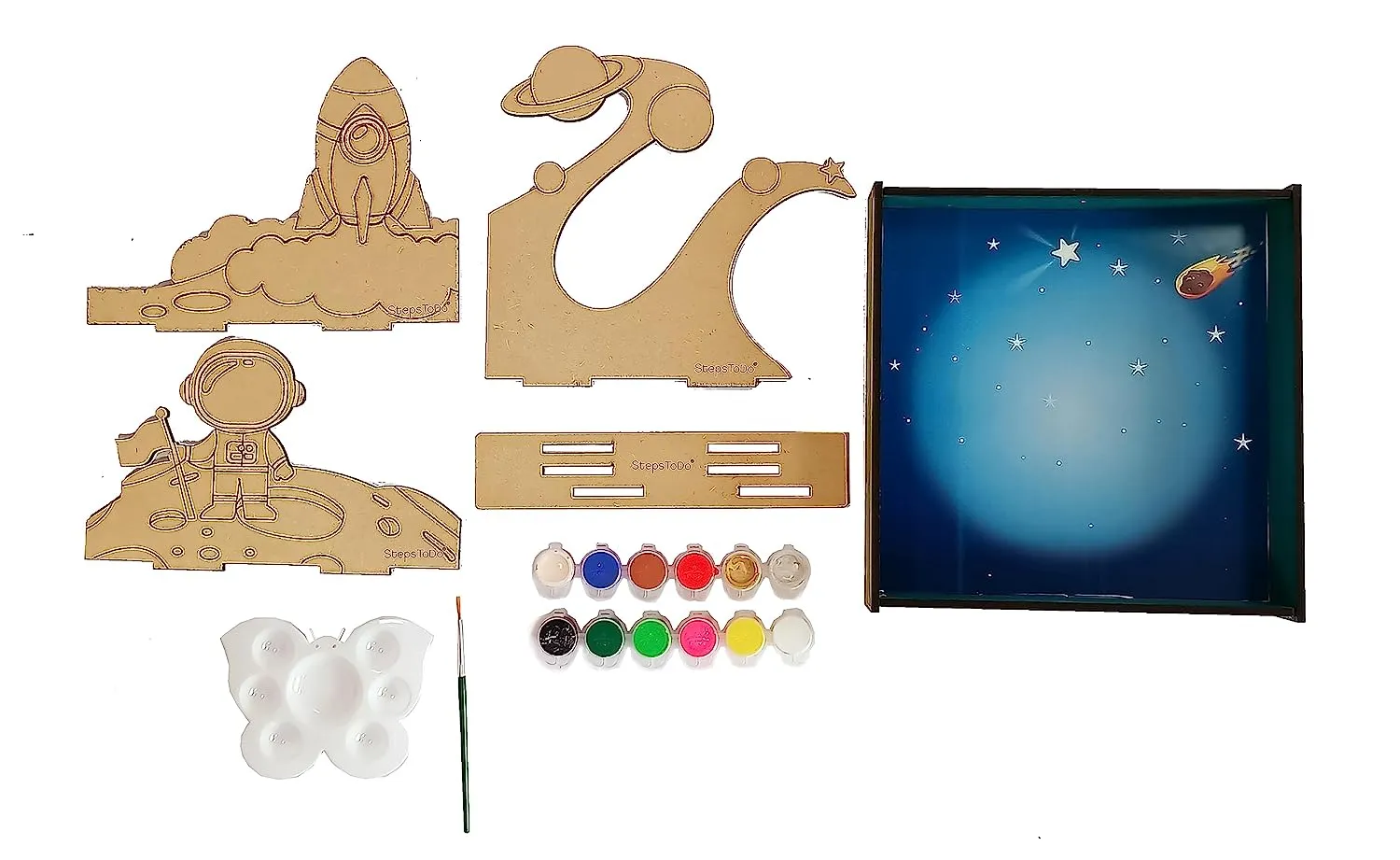 StepsToDo _ Make Your Own 3D Frame | Space & Astronaut Scene | Painted Handicraft Making Kit | Wooden Art and Craft | 8 Inch Square Frame (T405_SPACE)