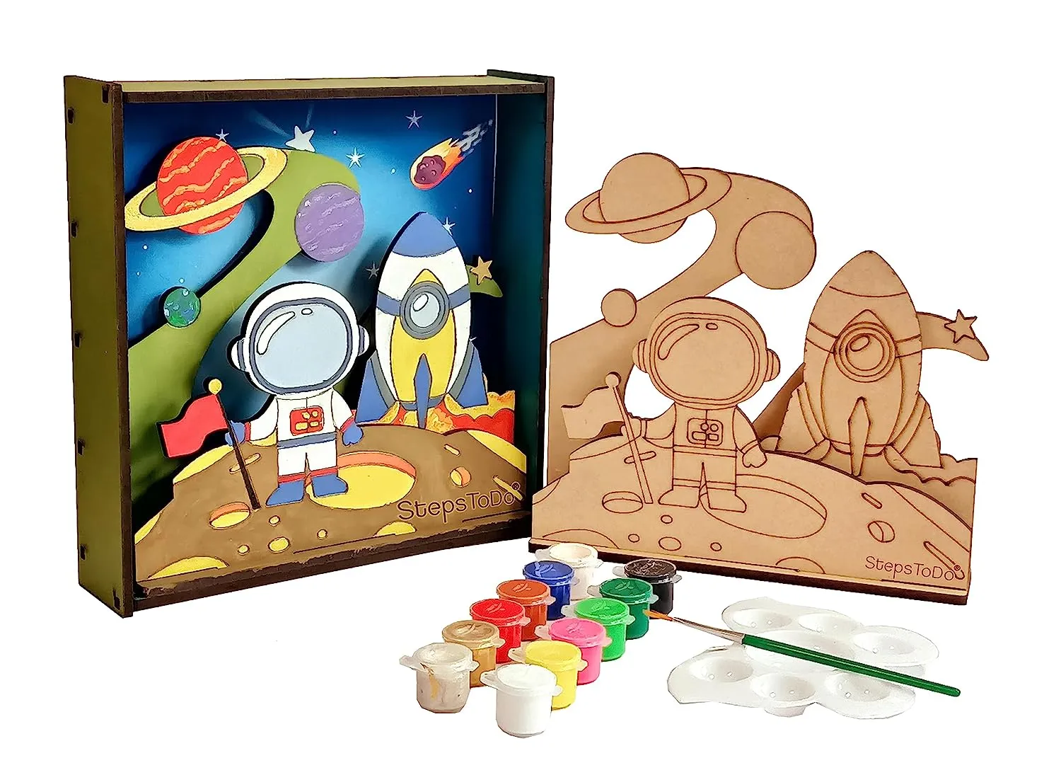 StepsToDo _ Make Your Own 3D Frame | Space & Astronaut Scene | Painted Handicraft Making Kit | Wooden Art and Craft | 8 Inch Square Frame (T405_SPACE)