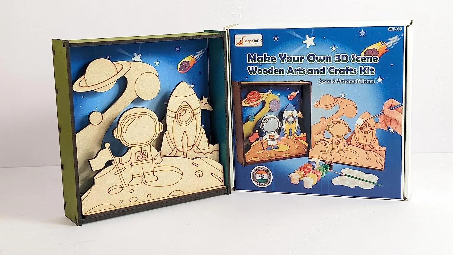 StepsToDo _ Make Your Own 3D Frame | Space & Astronaut Scene | Painted Handicraft Making Kit | Wooden Art and Craft | 8 Inch Square Frame (T405_SPACE)