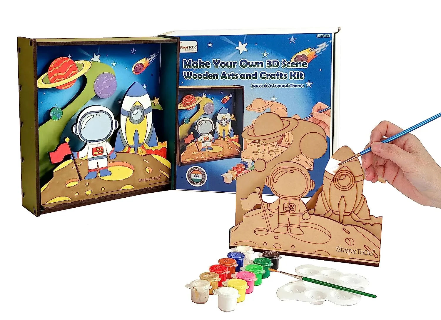 StepsToDo _ Make Your Own 3D Frame | Space & Astronaut Scene | Painted Handicraft Making Kit | Wooden Art and Craft | 8 Inch Square Frame (T405_SPACE)
