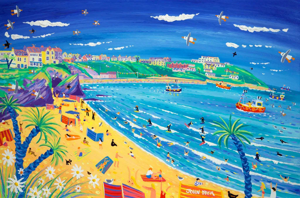 'Surfing and Sunbathing, Great Western Beach, Newquay', 24x36 inches acrylic on board. Cornwall Art Gallery Painting by Cornish Artist John Dyer