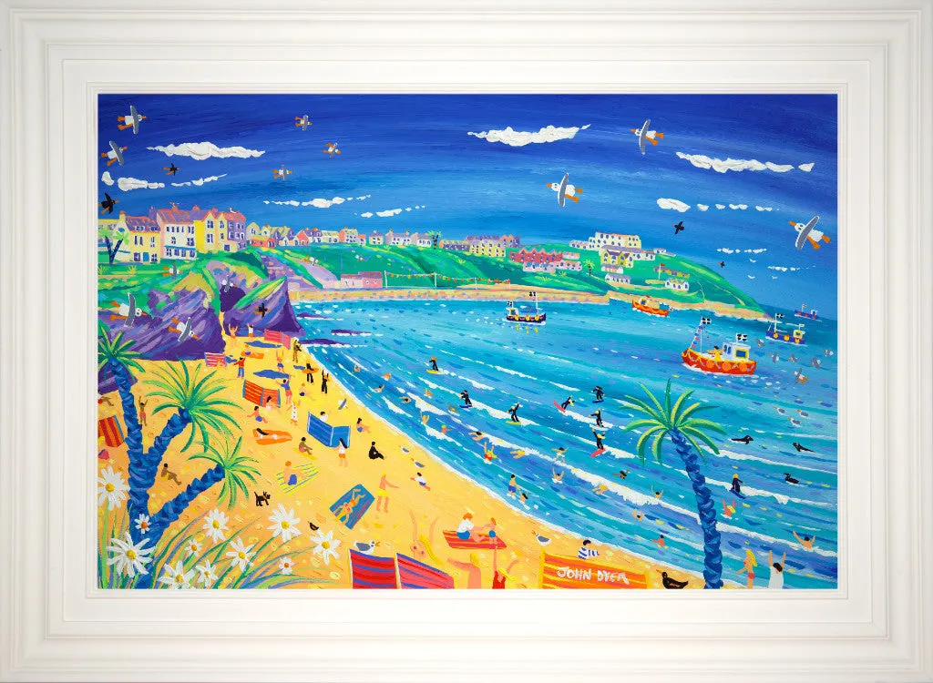 'Surfing and Sunbathing, Great Western Beach, Newquay', 24x36 inches acrylic on board. Cornwall Art Gallery Painting by Cornish Artist John Dyer