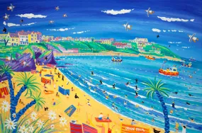 'Surfing and Sunbathing, Great Western Beach, Newquay', 24x36 inches acrylic on board. Cornwall Art Gallery Painting by Cornish Artist John Dyer