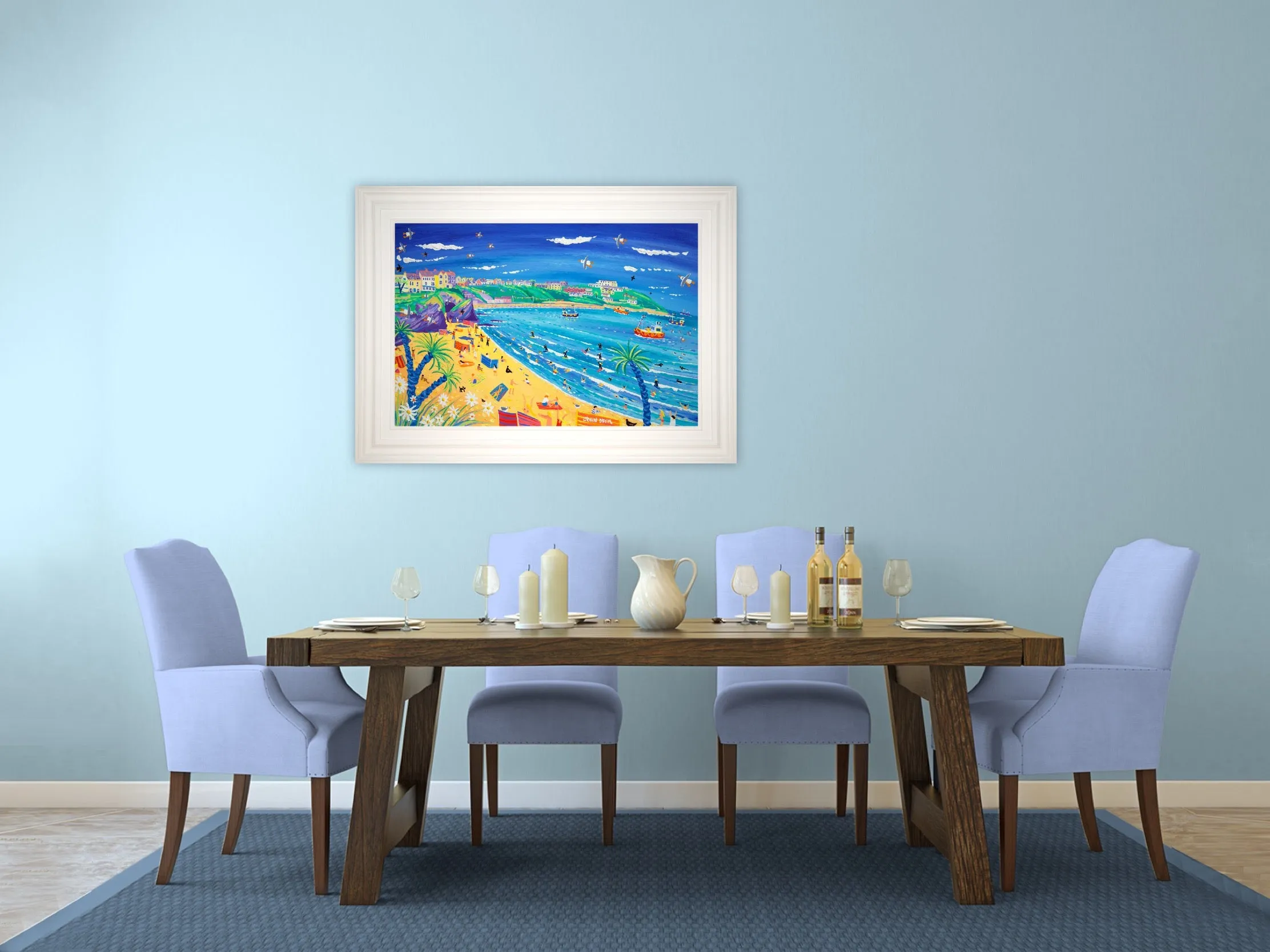 'Surfing and Sunbathing, Great Western Beach, Newquay', 24x36 inches acrylic on board. Cornwall Art Gallery Painting by Cornish Artist John Dyer