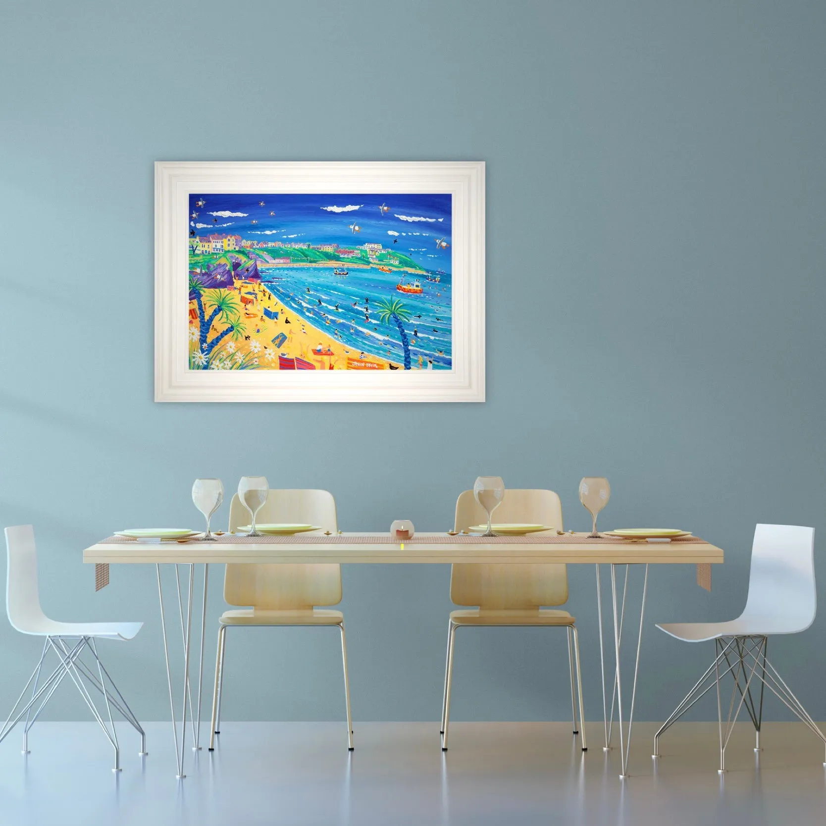 'Surfing and Sunbathing, Great Western Beach, Newquay', 24x36 inches acrylic on board. Cornwall Art Gallery Painting by Cornish Artist John Dyer