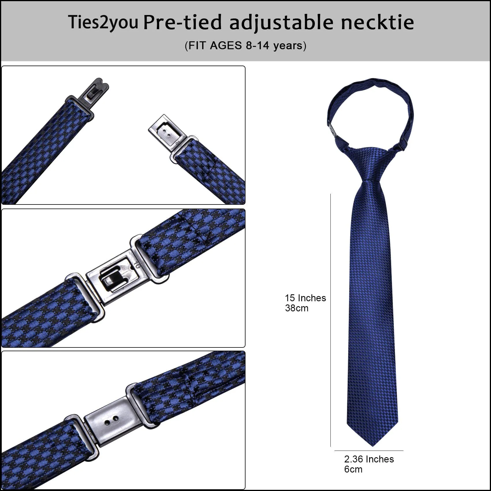 Ties2you Boys Tie Navy Blue Plaid Silk Children's Necktie Pocket Square Set