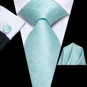 Ties2you Business Tie Mint Blue Plaid Silk Mens Dress Suit Tie Pocket Square Cufflinks Set
