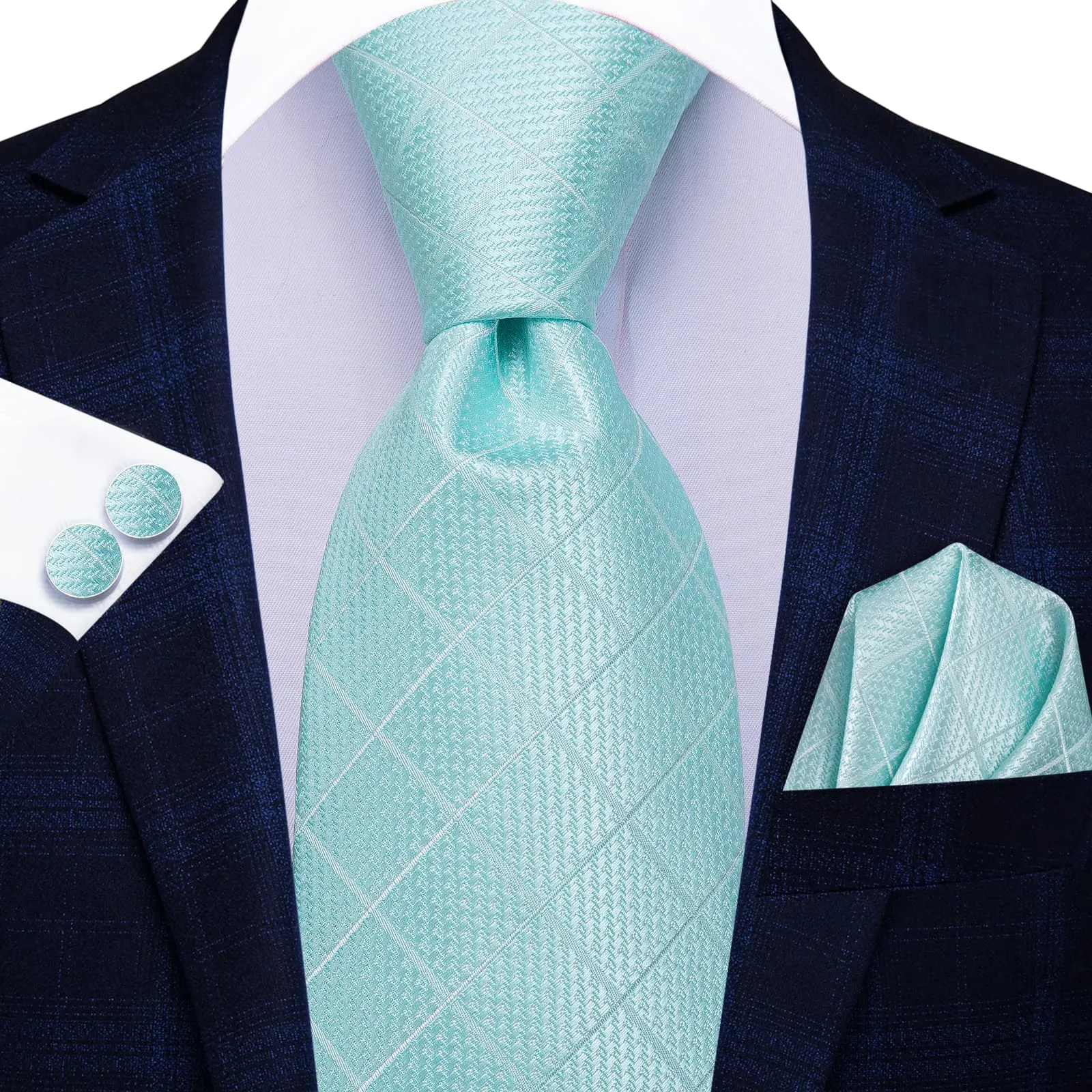 Ties2you Business Tie Mint Blue Plaid Silk Mens Dress Suit Tie Pocket Square Cufflinks Set
