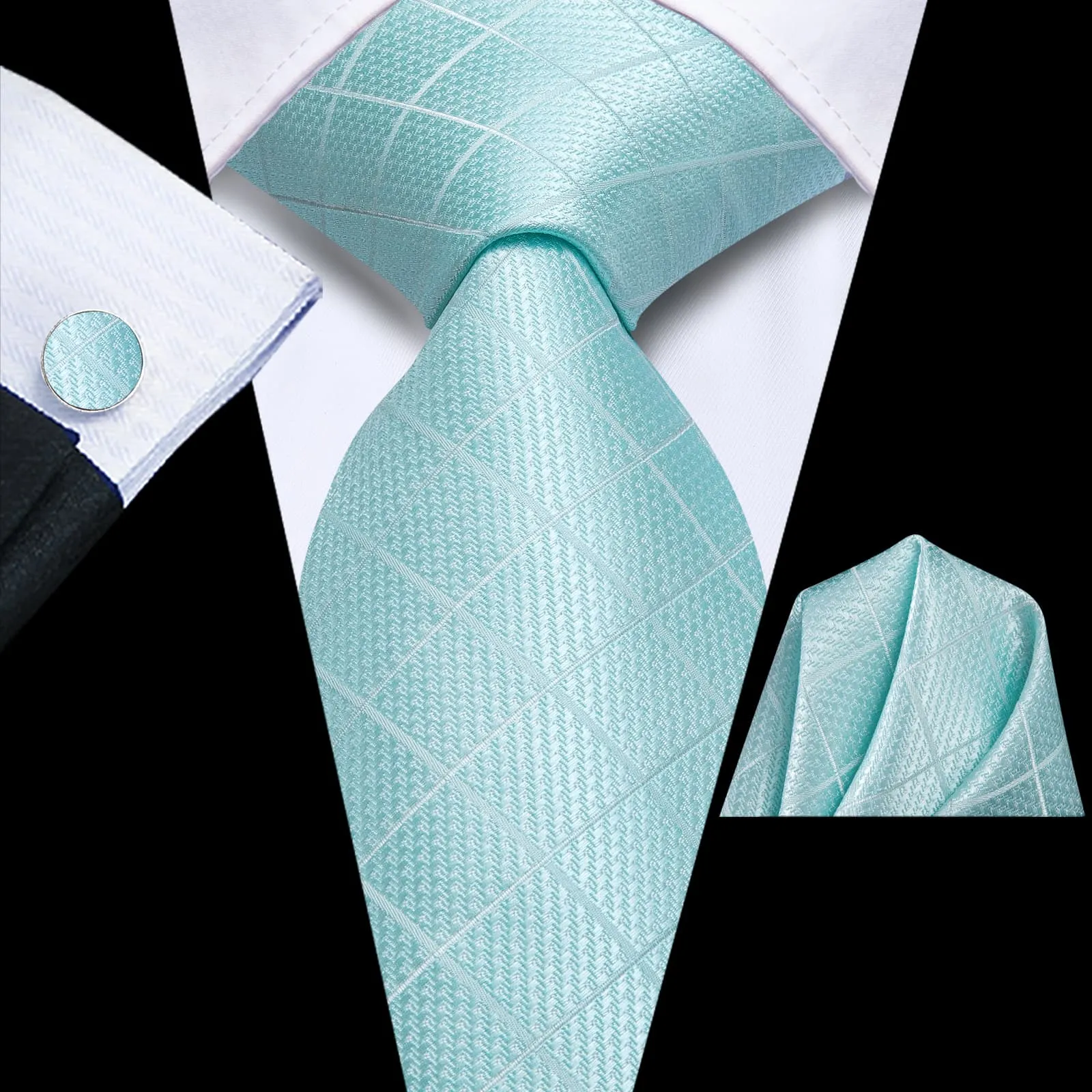 Ties2you Business Tie Mint Blue Plaid Silk Mens Dress Suit Tie Pocket Square Cufflinks Set