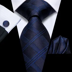 Ties2you Business Tie Navy Blue Plaid Silk Mens Dress Suit Tie Pocket Square Cufflinks Set