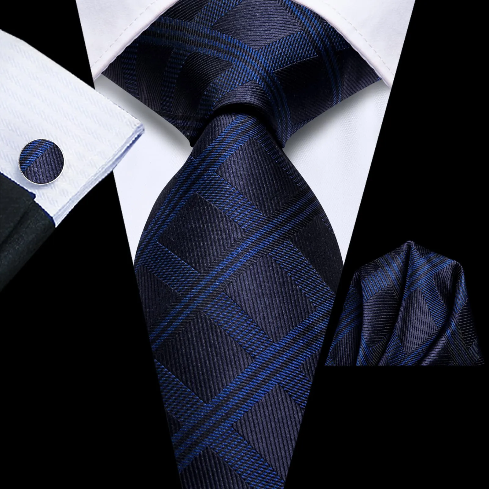 Ties2you Business Tie Navy Blue Plaid Silk Mens Dress Suit Tie Pocket Square Cufflinks Set