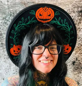 Vegan Felt Wide Brim Hat - XL Brim - Jack-o-lantern Vines