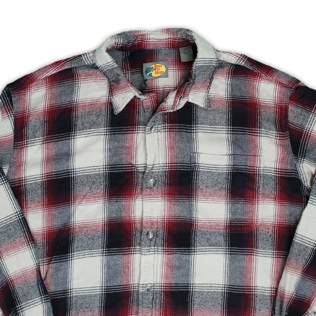 Vintage Beige, Red   Black Bass Pro Plaid Button Up