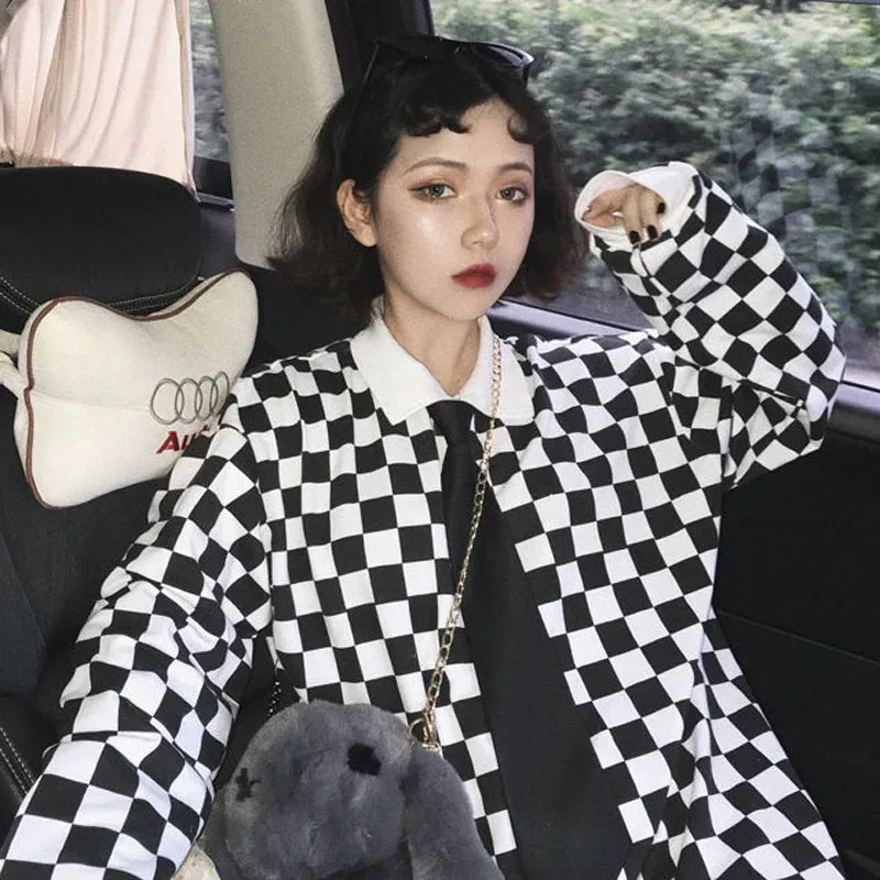 Vintage Checkered Loose Polo Collar Shirt