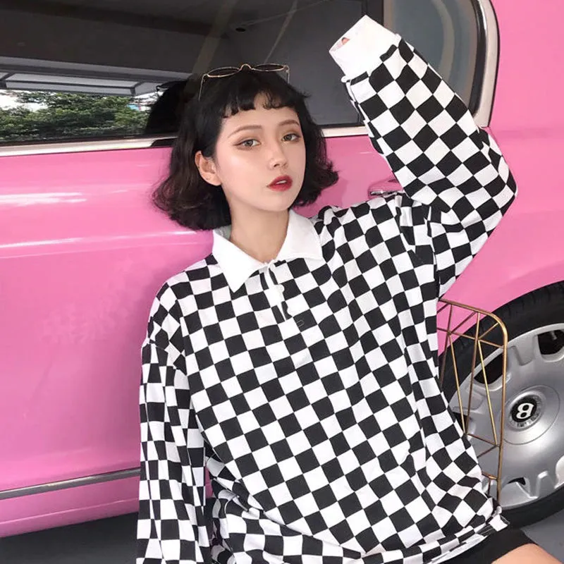 Vintage Checkered Loose Polo Collar Shirt