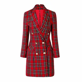 Women Red Plaid Short Double Breasted Mini Dress