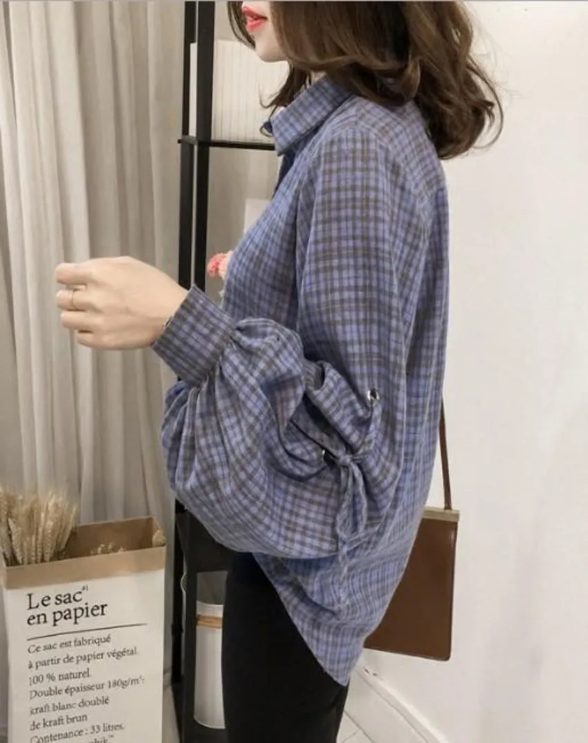 Womens Blue Plaid Shirt with Balloon Sleeves