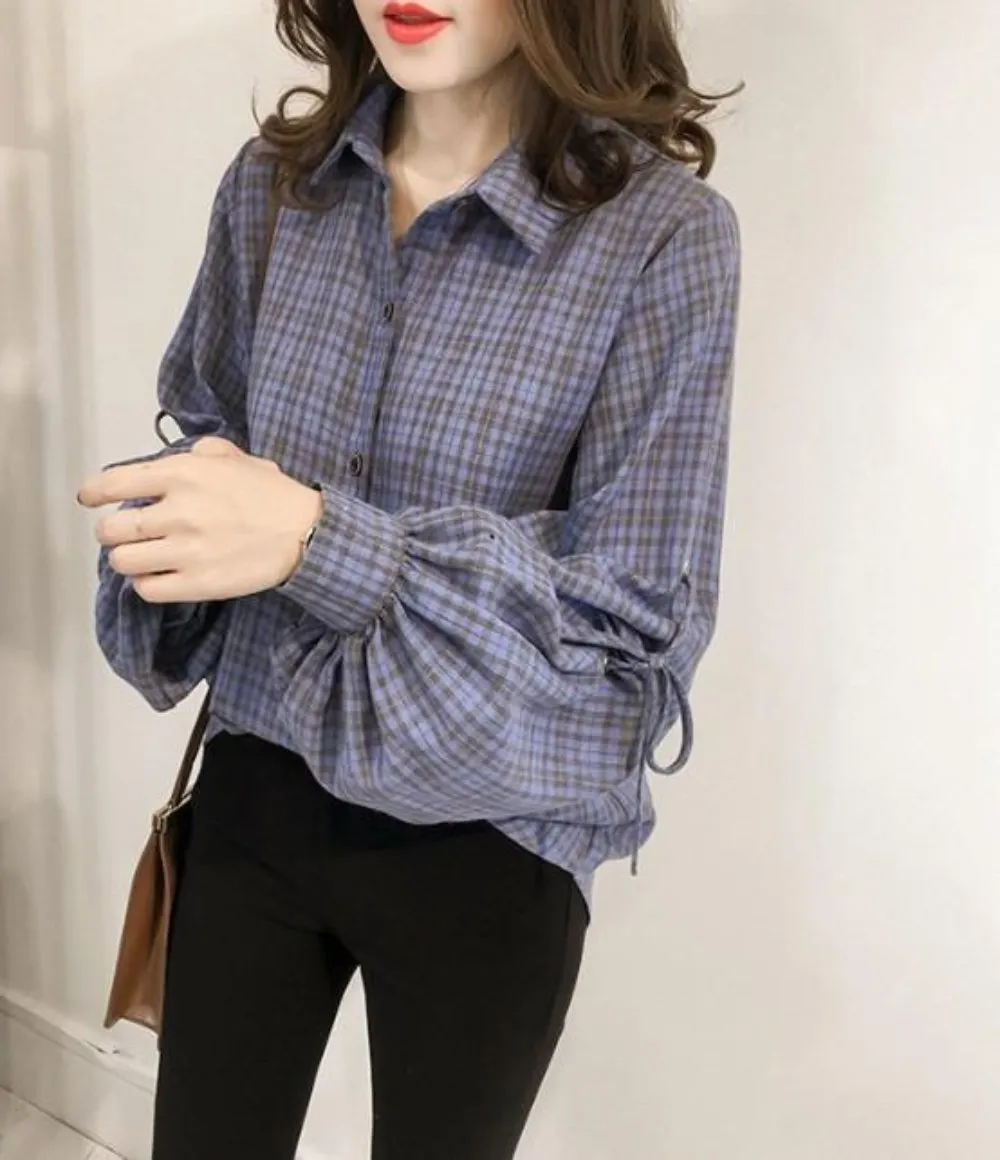 Womens Blue Plaid Shirt with Balloon Sleeves