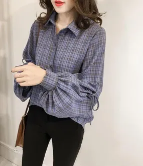 Womens Blue Plaid Shirt with Balloon Sleeves