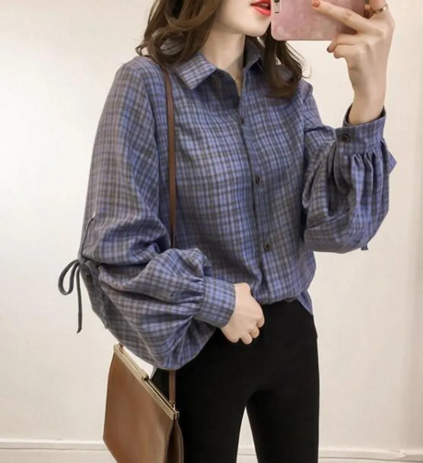 Womens Blue Plaid Shirt with Balloon Sleeves