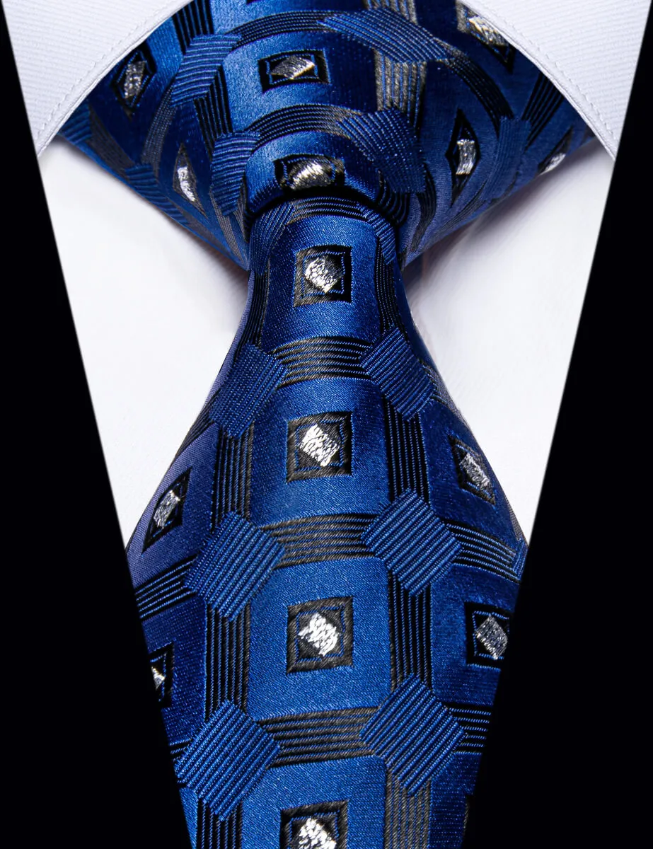 YourTies Blue Tie Fashion Sliver Blue Plaid Silk Necktie Formal