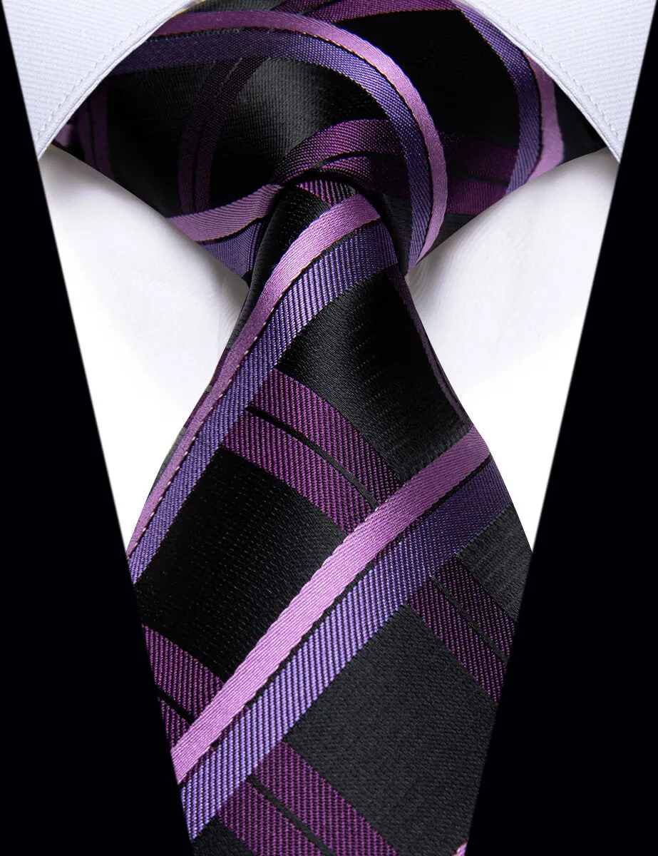 YourTies Checkered Tie Men's Black Purple Pink Plaid Silk Necktie